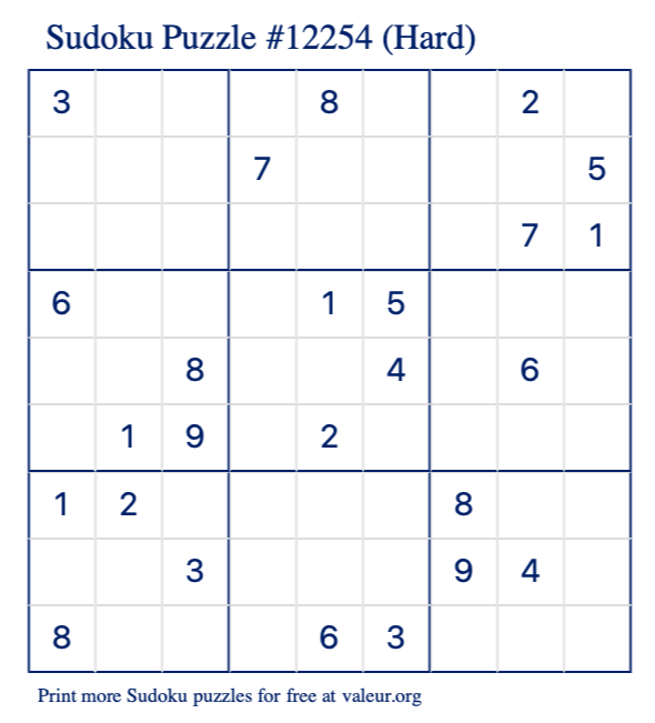 Free Printable Hard Sudoku Puzzle number 12254