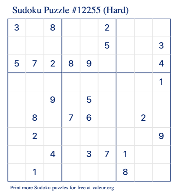 Free Printable Hard Sudoku Puzzle number 12255