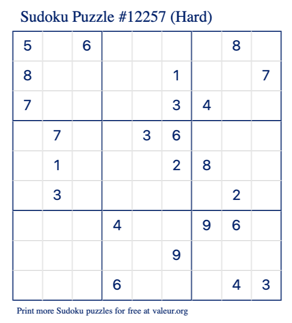 Free Printable Hard Sudoku Puzzle number 12257