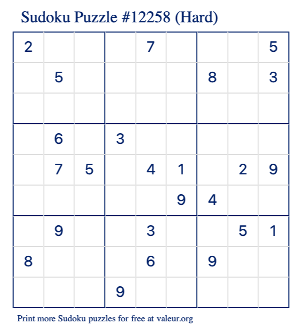 Free Printable Hard Sudoku Puzzle number 12258