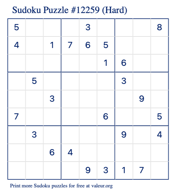 Free Printable Hard Sudoku Puzzle number 12259