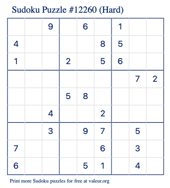 Free Printable Hard Sudoku Puzzle number 12260