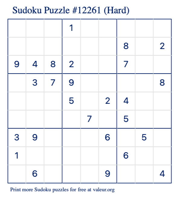 Free Printable Hard Sudoku Puzzle number 12261