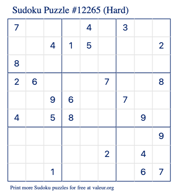 Free Printable Hard Sudoku Puzzle number 12265