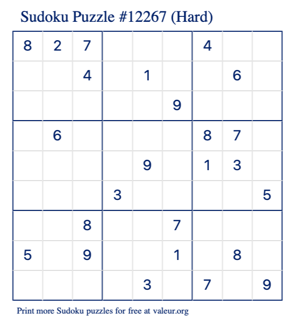 Free Printable Hard Sudoku Puzzle number 12267