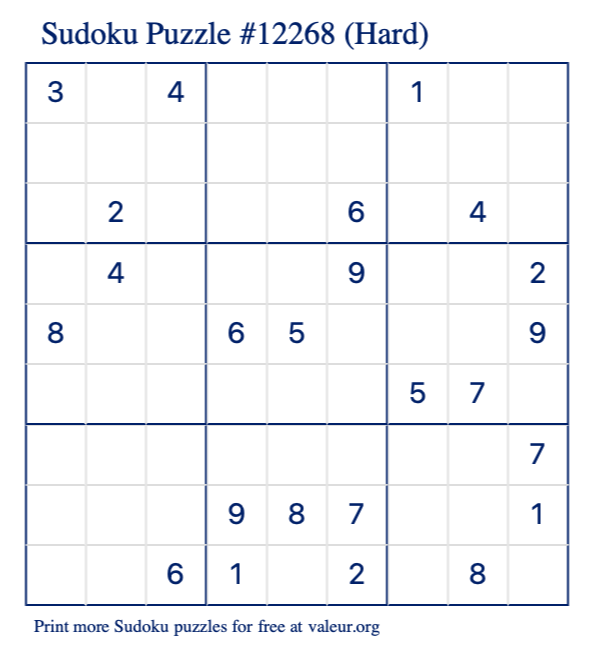 Free Printable Hard Sudoku Puzzle number 12268