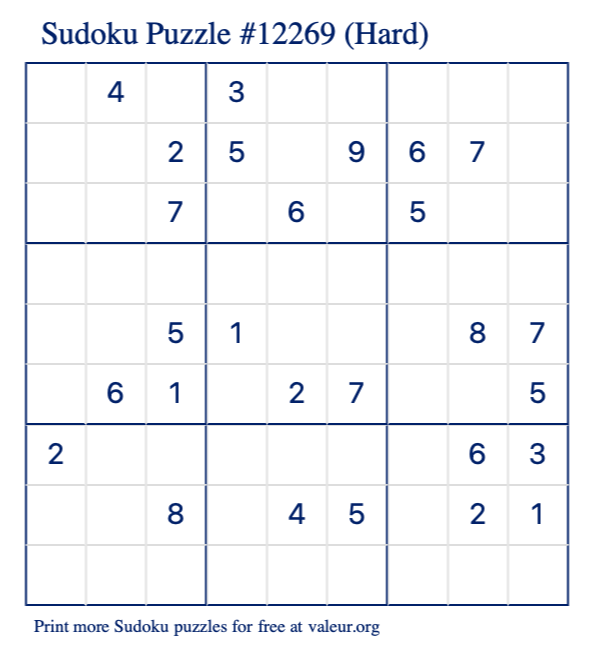 Free Printable Hard Sudoku Puzzle number 12269