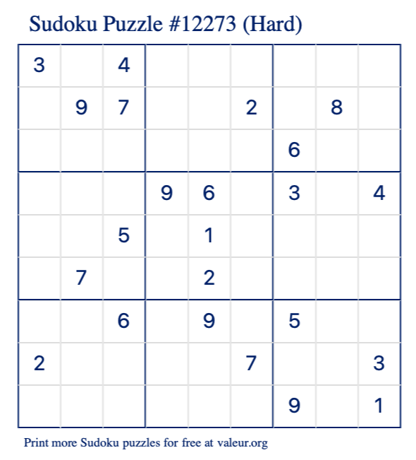 Free Printable Hard Sudoku Puzzle number 12273