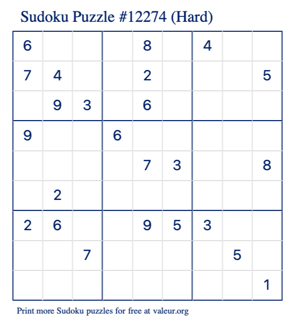 Free Printable Hard Sudoku Puzzle number 12274