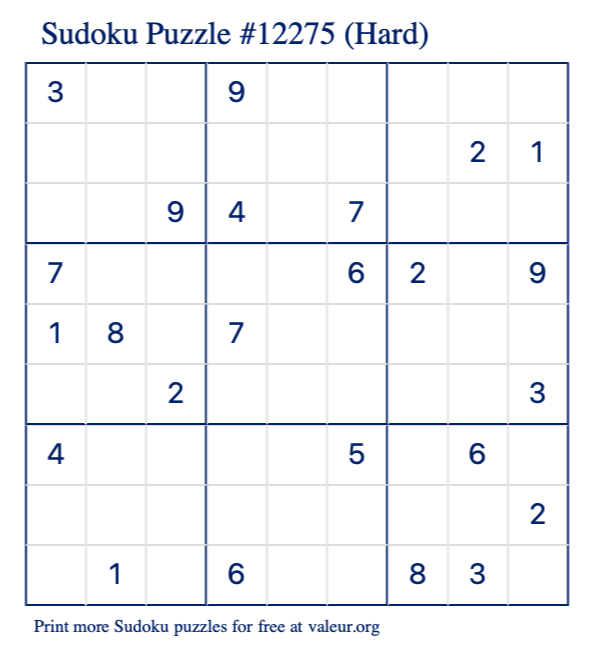 Free Printable Hard Sudoku Puzzle number 12275