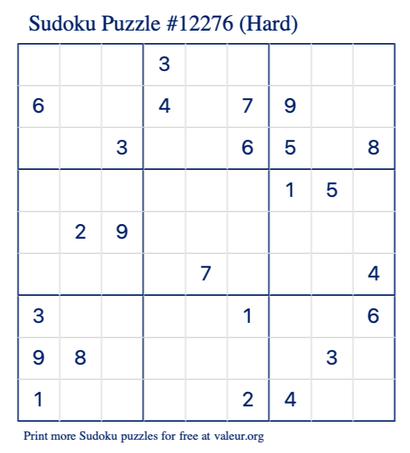 Free Printable Hard Sudoku Puzzle number 12276