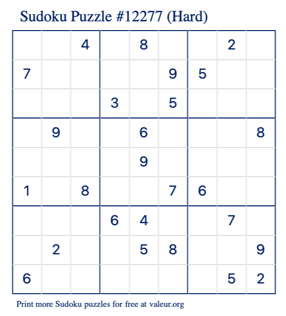 Free Printable Hard Sudoku Puzzle number 12277