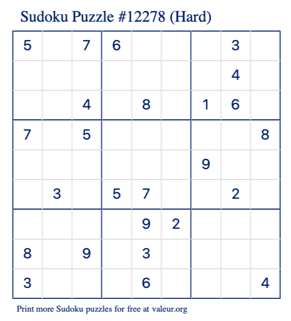 Free Printable Hard Sudoku Puzzle number 12278