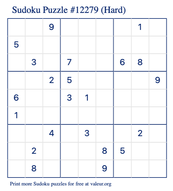 Free Printable Hard Sudoku Puzzle number 12279