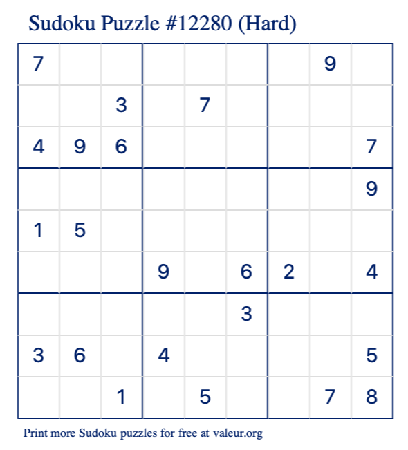 Free Printable Hard Sudoku Puzzle number 12280