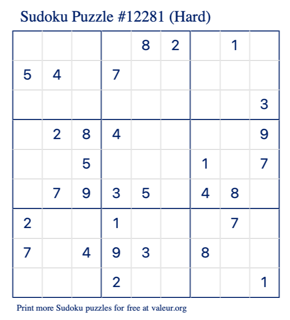 Free Printable Hard Sudoku Puzzle number 12281