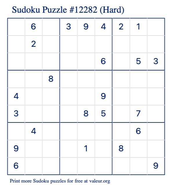 Free Printable Hard Sudoku Puzzle number 12282