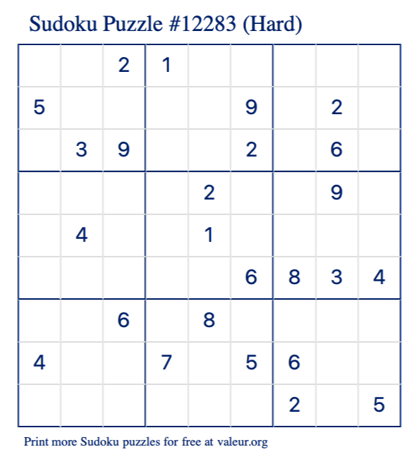 Free Printable Hard Sudoku Puzzle number 12283