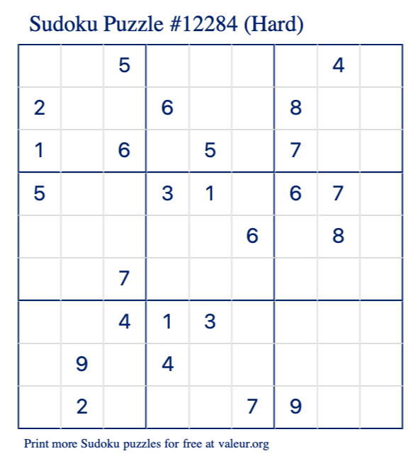 Free Printable Hard Sudoku Puzzle number 12284