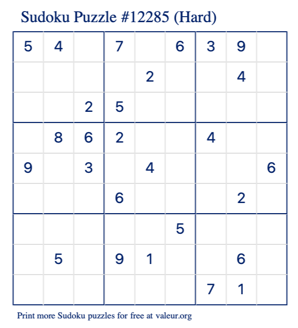 Free Printable Hard Sudoku Puzzle number 12285