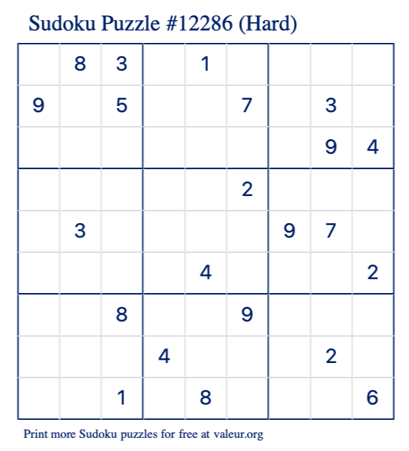 Free Printable Hard Sudoku Puzzle number 12286