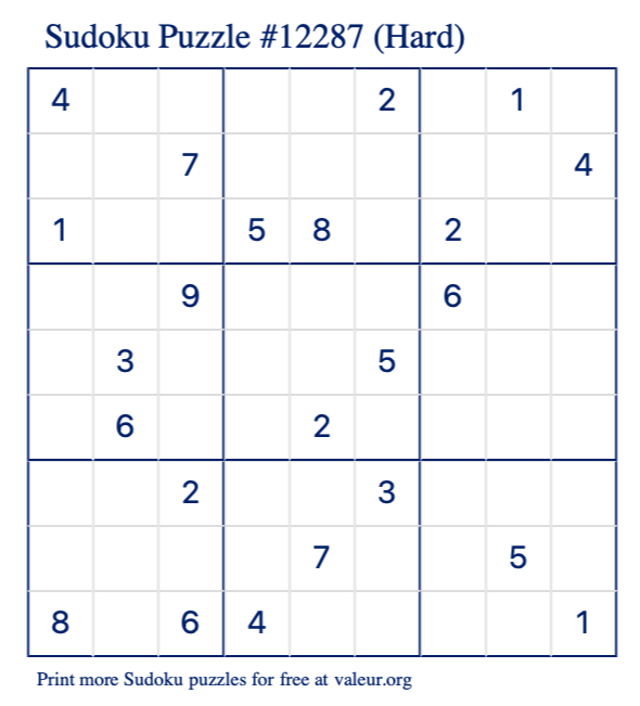 Free Printable Hard Sudoku Puzzle number 12287