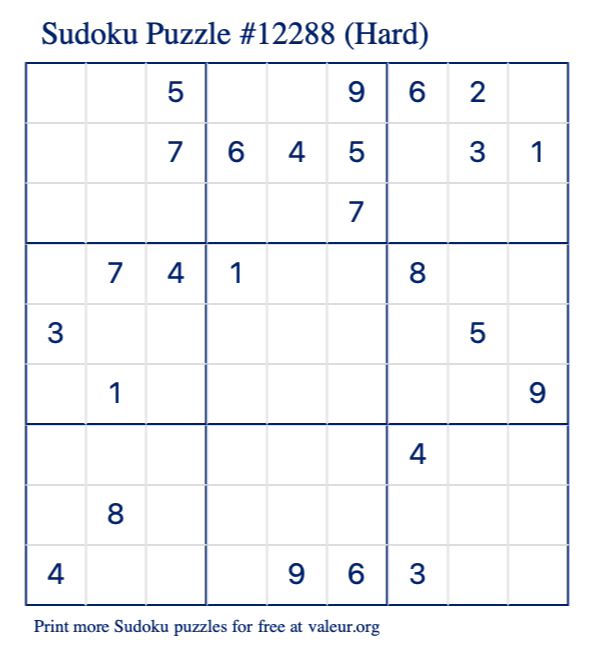 Free Printable Hard Sudoku Puzzle number 12288