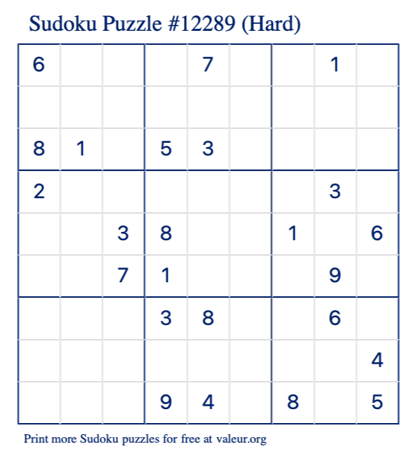 Free Printable Hard Sudoku Puzzle number 12289