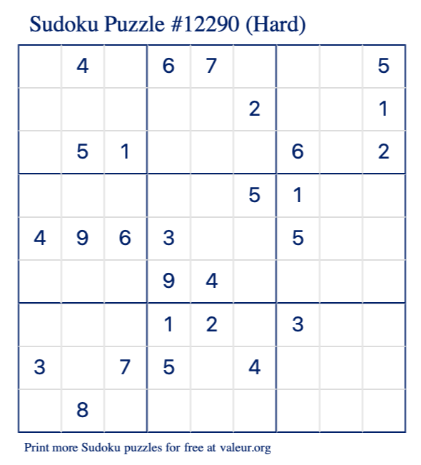 Free Printable Hard Sudoku Puzzle number 12290