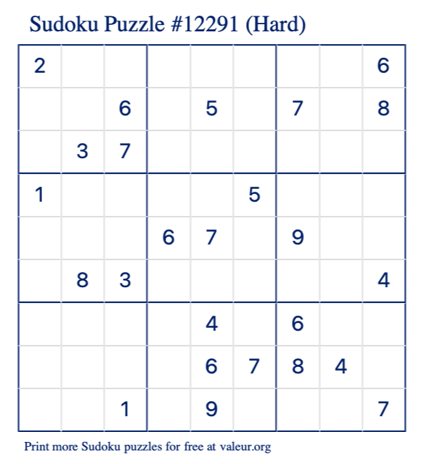 Free Printable Hard Sudoku Puzzle number 12291