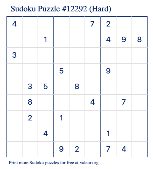 Free Printable Hard Sudoku Puzzle number 12292