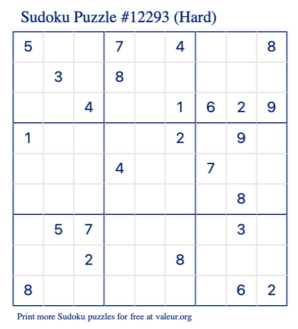 Free Printable Hard Sudoku Puzzle number 12293