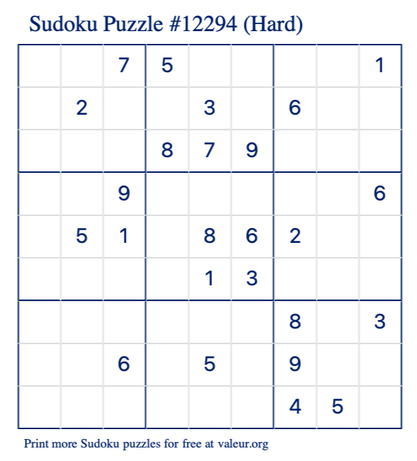 Free Printable Hard Sudoku Puzzle number 12294