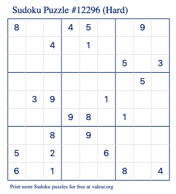 Free Printable Hard Sudoku Puzzle number 12296