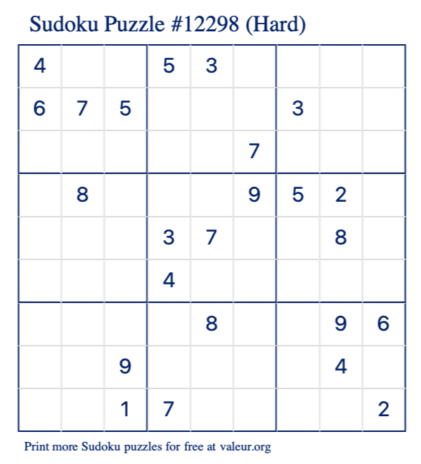 Free Printable Hard Sudoku Puzzle number 12298