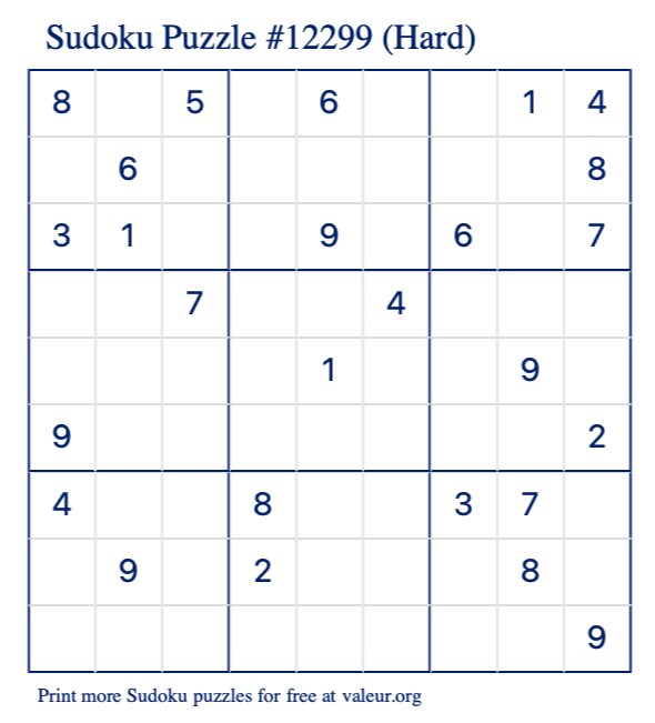 Free Printable Hard Sudoku Puzzle number 12299