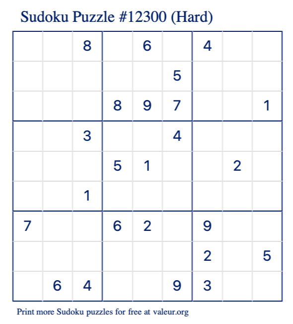 Free Printable Hard Sudoku Puzzle number 12300