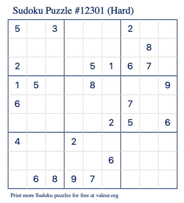 Free Printable Hard Sudoku Puzzle number 12301