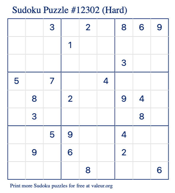 Free Printable Hard Sudoku Puzzle number 12302