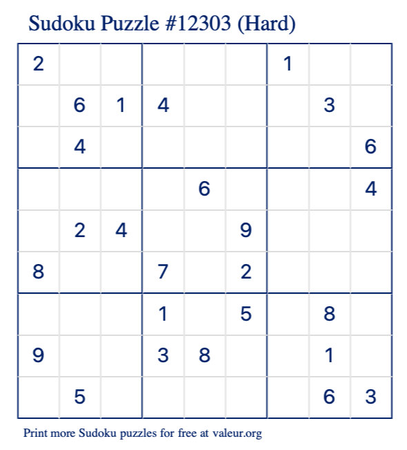 Free Printable Hard Sudoku Puzzle number 12303