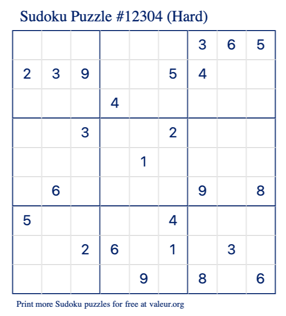 Free Printable Hard Sudoku Puzzle number 12304