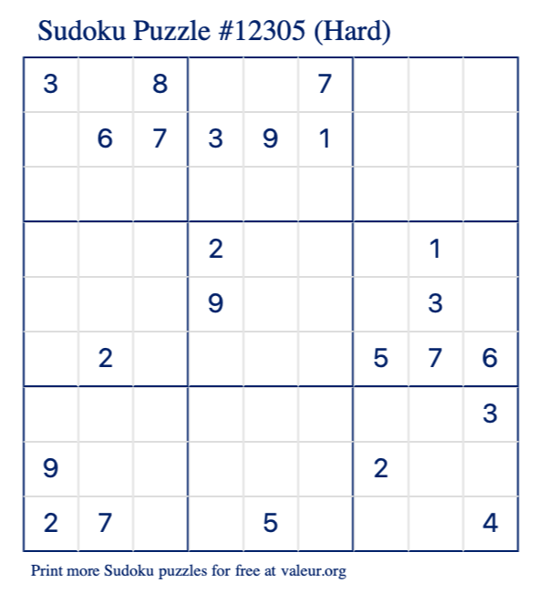 Free Printable Hard Sudoku Puzzle number 12305