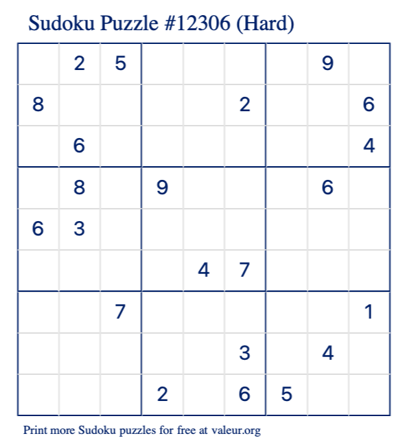 Free Printable Hard Sudoku Puzzle number 12306