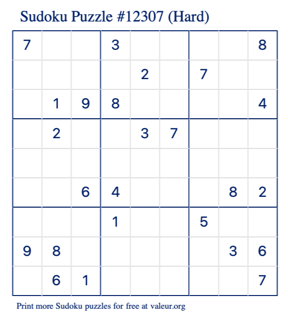 Free Printable Hard Sudoku Puzzle number 12307