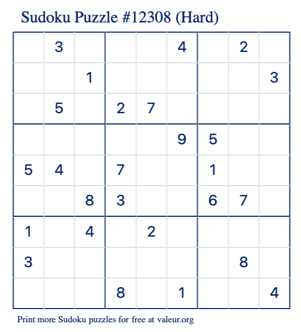 Free Printable Hard Sudoku Puzzle number 12308