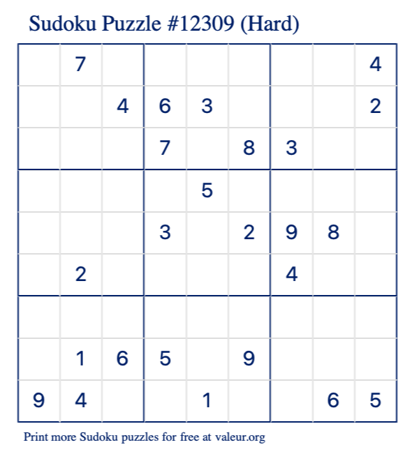 Free Printable Hard Sudoku Puzzle number 12309