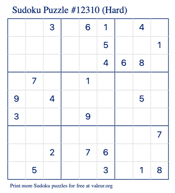 Free Printable Hard Sudoku Puzzle number 12310