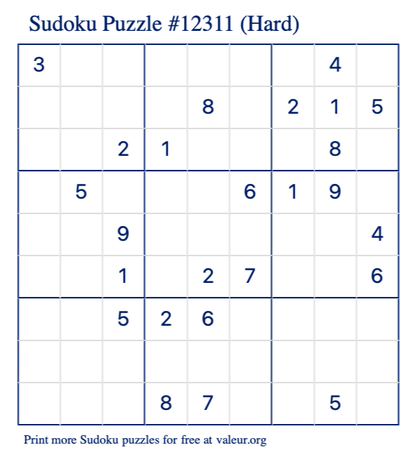 Free Printable Hard Sudoku Puzzle number 12311