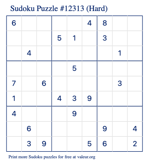 Free Printable Hard Sudoku Puzzle number 12313