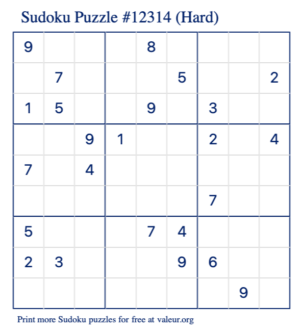 Free Printable Hard Sudoku Puzzle number 12314